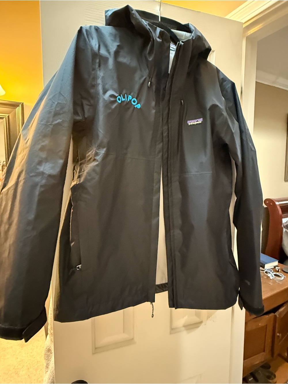 Patagonia Black Men's Waterproof Hooded Rain Jacket with Teal Logo
